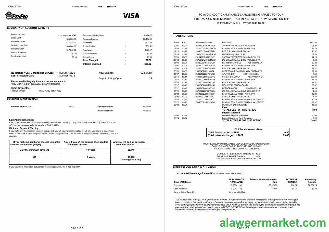 USA Pentagon Federal Credit Union (PenFed) bank statement 3 pages